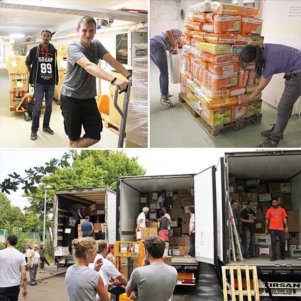 Rund 20 Freiwillige engagieren sich bei der Spendenpackaktion „Tetris im großen Stil“ von Hanseatic Help